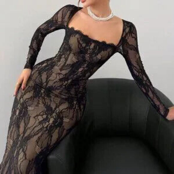Dresses & Skirts - Black Casual Women's Sexy Lace Long Sleeve Corset Collar Slim Fit Floor Dress